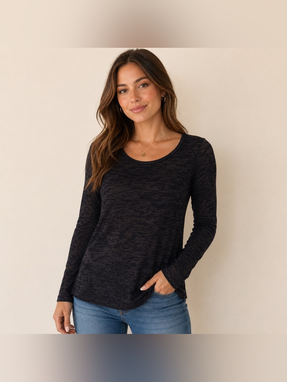 Peruvian Connection Black Burnout Tunic Top Long Sleeve Roll Hem Women’s Large